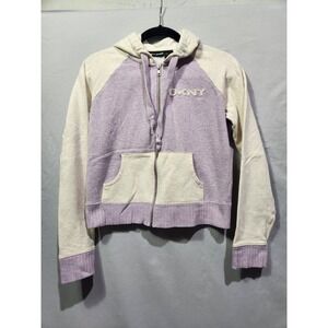 Y2K DKNY Jeans Womens Purple Cream Raglan Zip Up Hoodie Embellished Logo Large